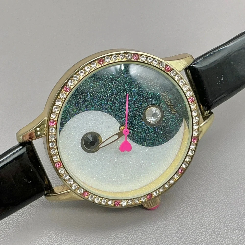 Betsey Johnson Watch Yin Yang Glitter Crystal Black Gold 40mm NEW BATTERY